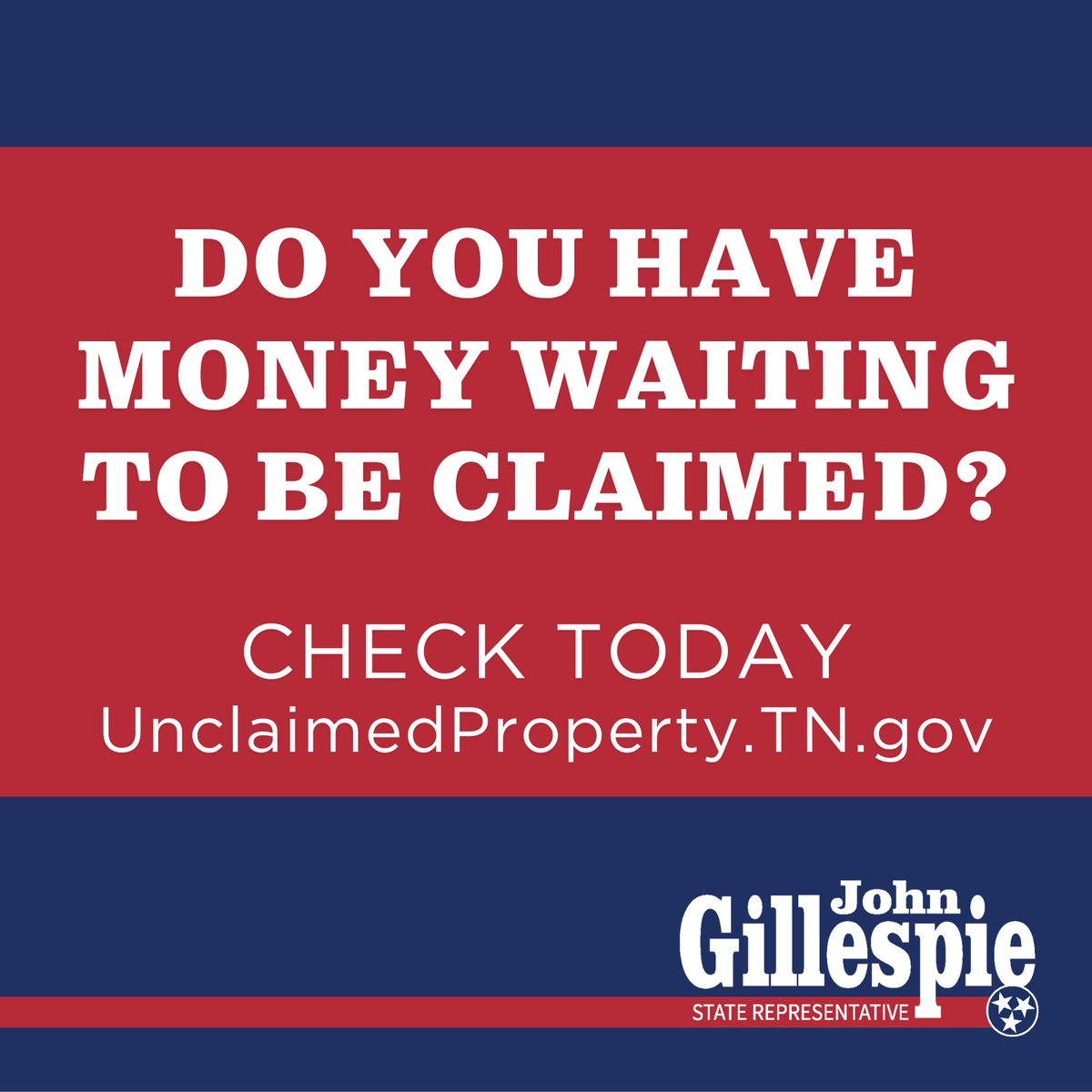 repgillespie's tweet photo. There could be money in Tennessee's treasury with your name on it. Unclaimed bank accounts, refunds, and more are held until claimed. Find out at https://t.co/EIKQBQFR5Z. The search is free! https://t.co/vgWIJh5vbT