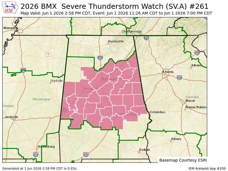 SapperFoxtrot's tweet photo. BMX updates Severe Thunderstorm Watch (cancels 4 counties, continues 31 counties) till Jun 1, 7:00 PM CDT https://t.co/OnzJOF2r6I https://t.co/oUu891nvzd