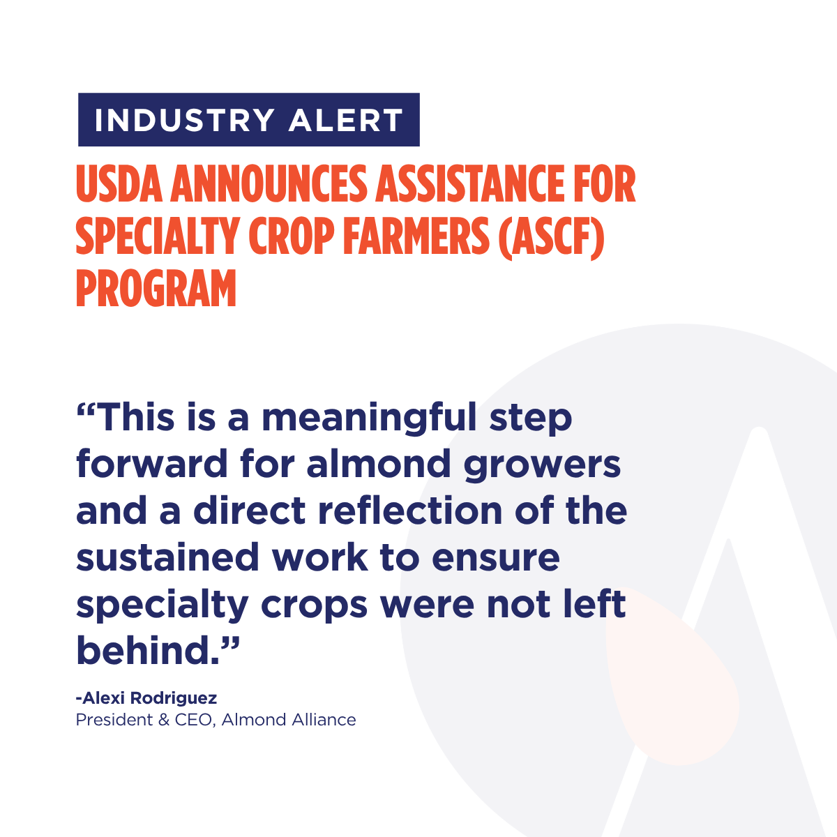 almondalliance's tweet photo. INDUSTRY WIN: The Almond Alliance has worked with industry partners and congressional leaders to ensure almond growers have a clear path to this relief. This is the result of that work.

Program Details:
- USDA's Assistance for Specialty Crop Farmers (ASCF) Program is open for enrollment, and almond growers should act now.

- Almonds are eligible for $225 per acre under Tier 2 of the program.

- Visit your local FSA office beginning June 8 to enroll in person. The enrollment window closes August 7, 2026.

- Learn more: https://t.co/lJqSbcudxo