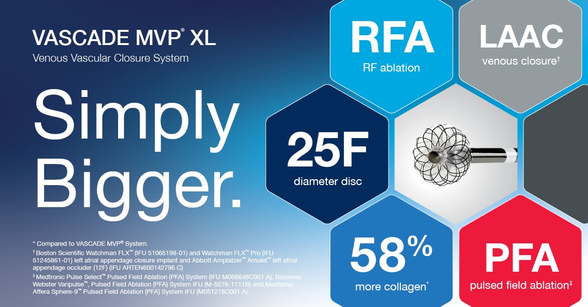 HaemoneticsIT's tweet photo. VASCADE MVP® XL.

More collagen. A larger disc. The same trusted VASCADE MVP® device. Introducing the VASCADE MVP® XL System – a new closure solution for Left Atrial Appendage Closure & Pulsed Field Ablation designed to provide confidence when it matters most.

Learn More & Request a Demo: https://t.co/SBldAeS8qV