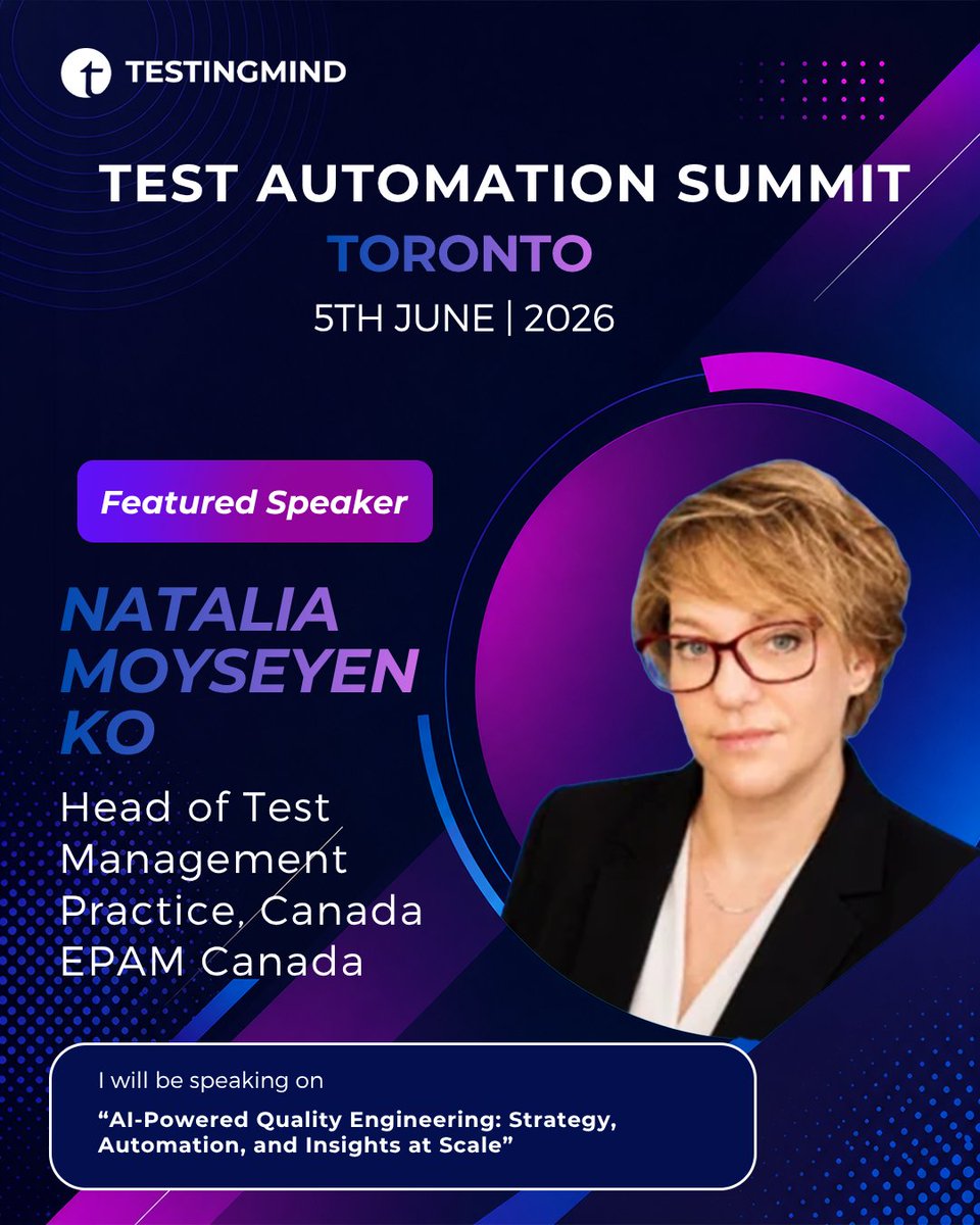 testingmindcon's tweet photo. Too much testing data and not enough useful insights?

Learn how AI-powered quality engineering is helping teams improve testing and simplify and make smarter QA decisions.

Hear from Natalia Moyseyenko at #TAS Toronto on 5 June 2026.

Reg now: https://t.co/4awxEXbdxK https://t.co/NXmhsZiTl9