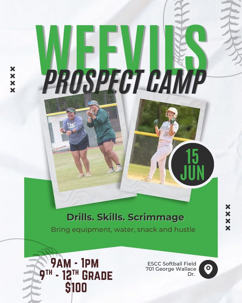 cozosoftball's tweet photo. Future Weevils, come camp with us!!

🗓️ June 15th, 2026
⏰ 9am - 1pm 
🥎 9th - 12th graders 
📍 ESCC Softball Field 

Sign up with link ⬇️⬇️
https://t.co/RgpT5EPyGk https://t.co/wxjjo79cQF