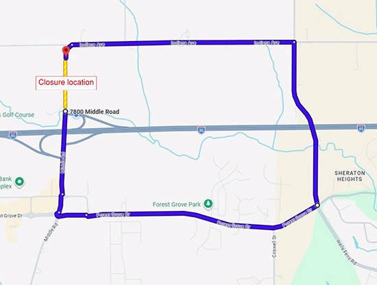 iowadot's tweet photo. Middle Road north of I-80 will close June 8 for construction work to start on the Spencer Creek culvert project. During this closure, all ramps to I-80 will remain open and travelers should use the following detour.👇🏼 https://t.co/bjsn3zi2EG