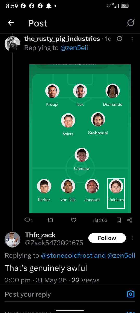 stonecoldfrost's tweet photo. @TheIraolaEra I had the same exact same line up but some random Tottenham fan thinks it's awful!? 😭 https://t.co/bpIkC8uX2I