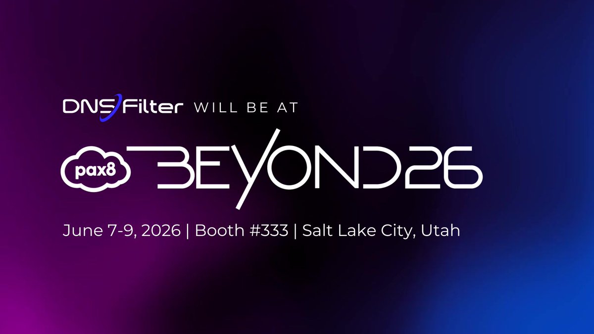 DNSFilter's tweet photo. FIND US AT PAX8 BEYOND 💫 

DNSFilter. Booth 333. Salt Lake City. June 7-9. Get time with Dan Cucchi, Trevor Hume, TJ Minson, Andrew Maurer or Brian Gilstrap.

At Beyond, the DNSFilter team will walk you through how a DNS-first approach helps MSPs grow MRR, cut ticket volume, and deliver the security layer SMBs are actively asking for.

🔒 Threats blocked at the DNS layer, before a connection is ever made
⚡ Deploy in minutes from the Pax8 Marketplace, no hardware required
📊 One dashboard to manage every client

See you at Beyond 👀: https://t.co/kwAEf3zo8J