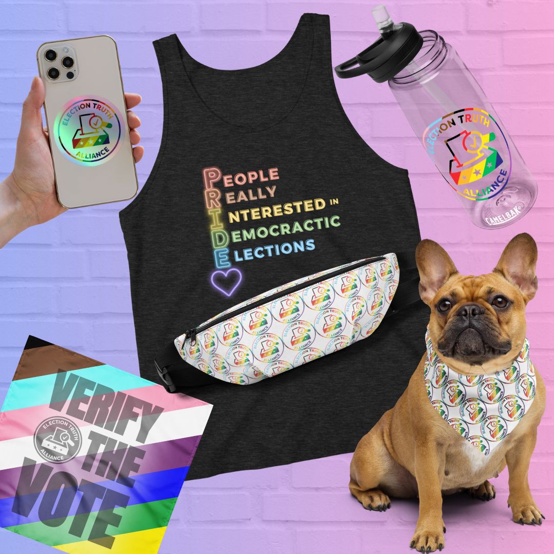 ETA_Org's tweet photo. Why yes, we do have PRIDE in the ETA! 😍 

When the trustworthiness of our elections is left unverified, people targeted for out-grouping are placed in the most risk for disenfranchisement. 

Wear your pride for all voices—all votes—with our ETA Pride Month Merch Collection. https://t.co/jippEORYpX