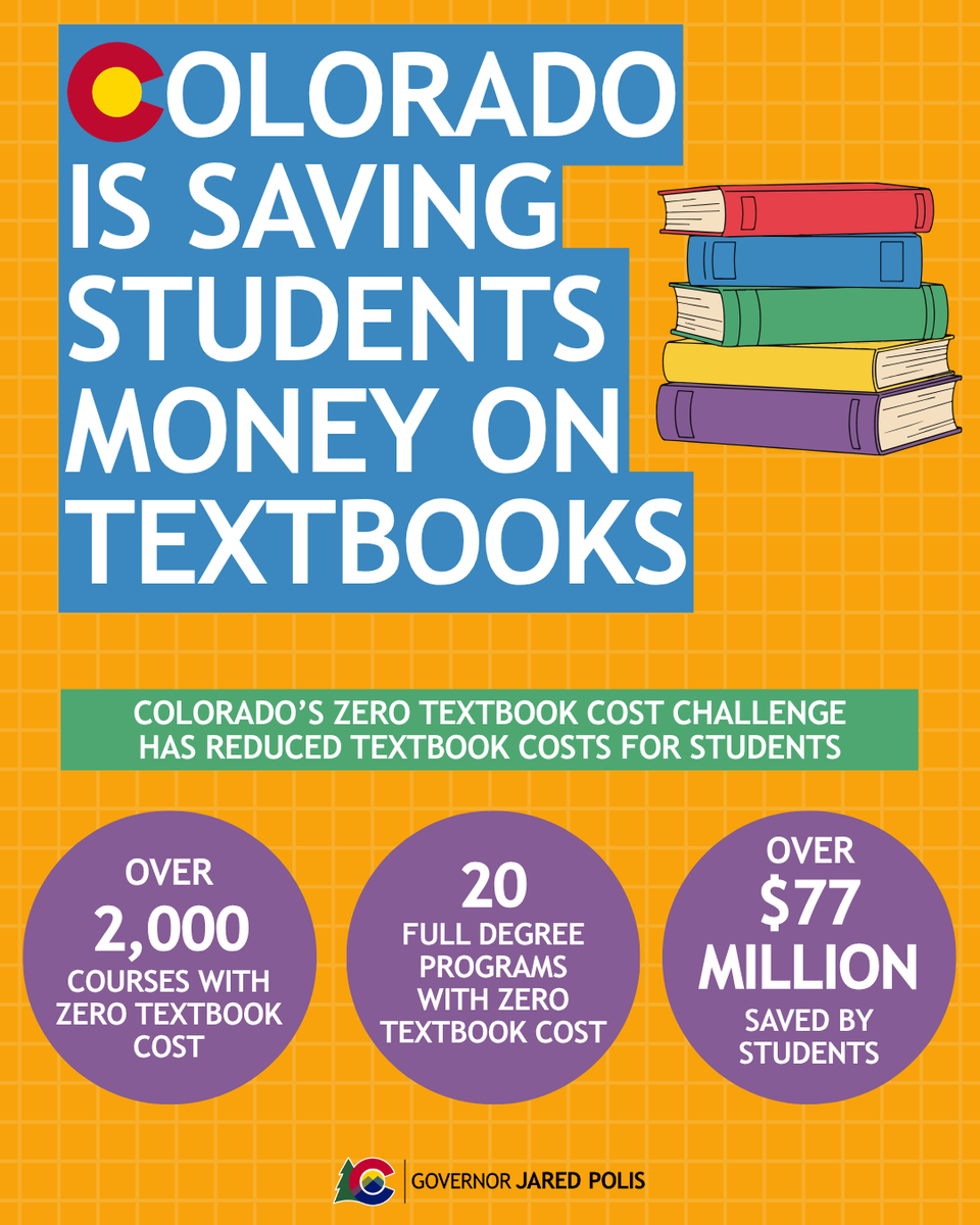 GovofCO's tweet photo. Saving students money on textbooks is one important way we are making it more affordable for students to get a great education through college and technical school. 

I challenged Colorado colleges and universities to find ways for courses, and even entire degrees, to provide textbooks at zero cost to students, and today, Colorado has over 2,000 courses with zero textbook cost, and nearly 20 full degrees with zero textbook costs.

We’ve already saved students over $77 million - and counting!

The 2026 Zero Textbook Cost Challenge Awards honor the educators, institutions, and innovators who are leading these efforts to save students money while getting a high-quality education. 
Congratulations to this year’s award recipients and thank you to the Colorado Department of Higher Education, the OER Council, and educators across the state for helping reduce costs and create more opportunity for Colorado students.