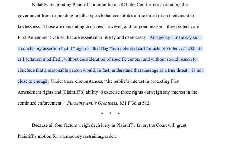 WillatFIRE's tweet photo. "Defendants... are hereby RESTRAINED, for 14 days from the date of this Order, from revoking Plaintiff’s demonstration permit as a result of Plaintiff’s display of its '8647' flag, or otherwise ordering the removal of or seizing Plaintiff’s '8647' flag."

https://t.co/PAfIDv7FsS https://t.co/R00bl9WuSO