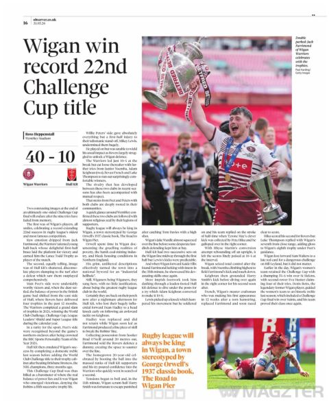 rosshmediaman's tweet photo. My piece in yesterday’s @ObserverUK on a record-extending 22nd Challenge Cup for @WiganWarriorsRL after they outplayed Hull KR comprehensively.

A great day all round for the Warriors with their talented young women’s team retaining the Challenge Cup title by thumping St Helens. https://t.co/QlUkAhpoFw