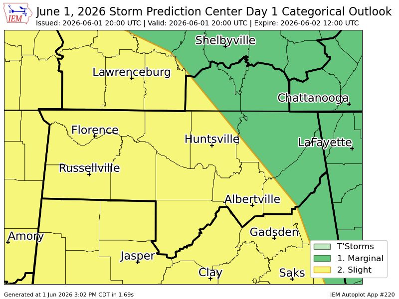 CullmanToday's tweet photo. #SPC issues Day 1 Slight Convective Risk at Jun 1, 20:00z for HUN https://t.co/wj8Ba2zJIn https://t.co/XRbKdRmMzn