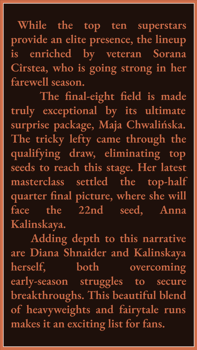 AnalyticsTennis's tweet photo. From 128 to the Final 8: Top Ten Stars and Dramatic Fairytale Runs Set the Women's Quarterfinal Bracket.

#RG26
#RolandGarros
#FrenchOpen https://t.co/w9CiW7Fa5W