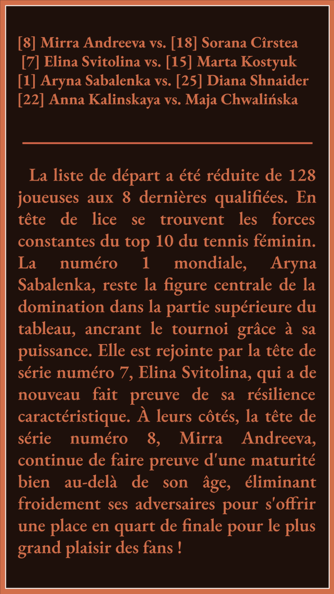 AnalyticsTennis's tweet photo. De 128 joueuses aux 8 dernières qualifiées : les stars du top 10 et des parcours de conte de fées dramatiques dessinent le tableau des quarts de finale.

#RG26
#RolandGarros https://t.co/iHvUtZ6qdL