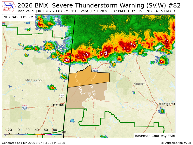 K4NWS's tweet photo. BMX issues Severe Thunderstorm Warning [wind: 60 MPH (RADAR INDICATED), hail: 1.00 IN (RADAR INDICATED)] for Greene, Hale, Sumter [AL] till Jun 1, 4:15 PM CDT https://t.co/rQrsovNug8 https://t.co/bDDMkNSCuO