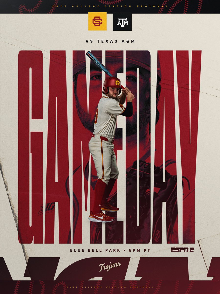 USC_Baseball's tweet photo. Supers on the line 😤✌️

⌚️ 6 pm PT/8 pm CT
📍 Blue Bell Park
🆚 Texas A&amp;M
📺 ESPN 2

#FightOn x #GameDay https://t.co/qd4Ka8KAmg