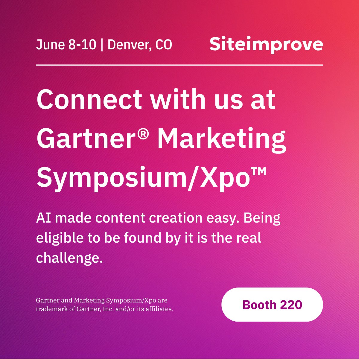 Siteimprove's tweet photo. Everyone's asking if their brand shows up in AI search. 

Fewer are asking if AI search can actually use what it finds. 

Eligibility > visibility. We're at booth #220 at @Gartner Marketing Symposium/Xpo™ in Denver to talk through the difference. 

https://t.co/JvkwWcTUZk 

#GartnerMKTG