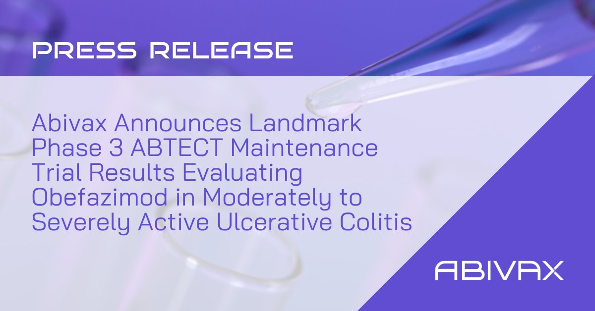 Abivax_'s tweet photo. Today, Abivax announced landmark Phase 3 ABTECT maintenance trial results evaluating obefazimod in moderately to severely active ulcerative colitis. 

Read the full press release here: https://t.co/pzhBQdoWJ7 https://t.co/HlI36PebIu