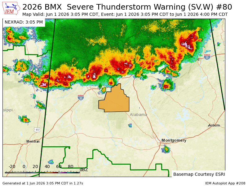 K4NWS's tweet photo. BMX issues Severe Thunderstorm Warning [wind: 60 MPH (RADAR INDICATED), hail: 1.00 IN (RADAR INDICATED)] for Bibb [AL] till 4:00 PM CDT https://t.co/O5VpWbIjFD https://t.co/lMR7ox2Tag