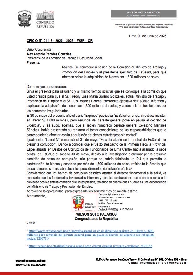 wilsonsotop's tweet photo. He solicitado a @ContraloriaPeru investigar las presuntas irregularidades en @EsSaludPeru por S/ 1,800 millones y he pedido que el titular de @MTPE_Peru y EsSalud informen ante el Congreso. La salud de los peruanos exige transparencia y rendición de cuentas. 🇵🇪 https://t.co/4VTqTj5Ba3