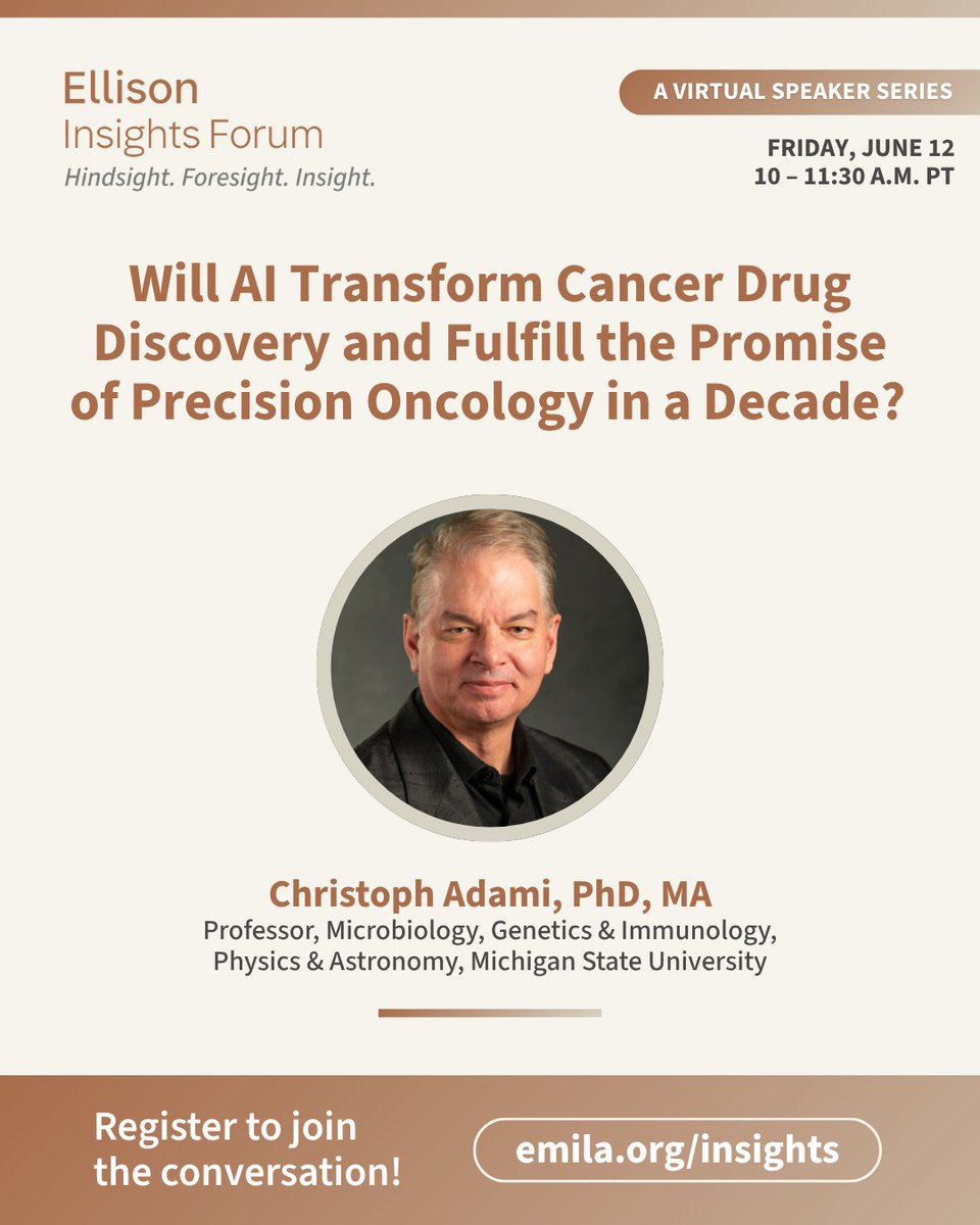 MSUMGI's tweet photo. MGI Professor Chris Adami will be speaking at the virtual Ellison Insights Forum at 10 am on June 12th. The theme of the event is how AI could accelerate cancer drug discovery and treatment. 

To hear his talk, register for free at https://t.co/j29wAdnLnt. https://t.co/7kdUUm6pjX