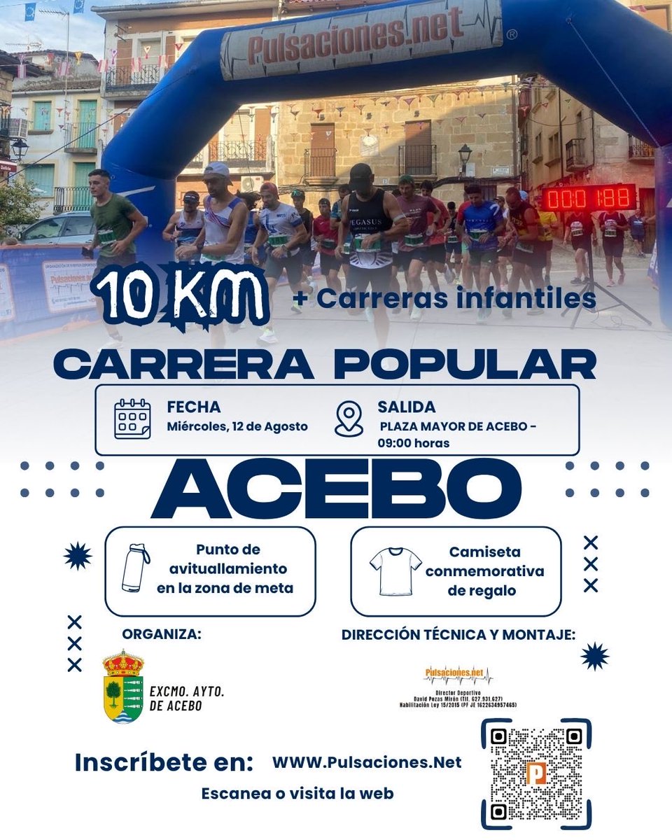 PULSACIONES_NET's tweet photo. Vuelve el running a Acebo! 🏃‍♂️

📅 Miércoles 12 Ago | 09:00h

📍 Plaza Mayor de Acebo

🏁 10K y carreras infantiles 👶

👕 ¡Camiseta de regalo + avituallamiento! 💧
Organiza @AytoAcebo y https://t.co/HOGPAFEZaX ⏱️
Inscríbete ya en https://t.co/4zTJuRekrt 📲
#CarreraPopular #Acebo https://t.co/LhqvP0NKsG