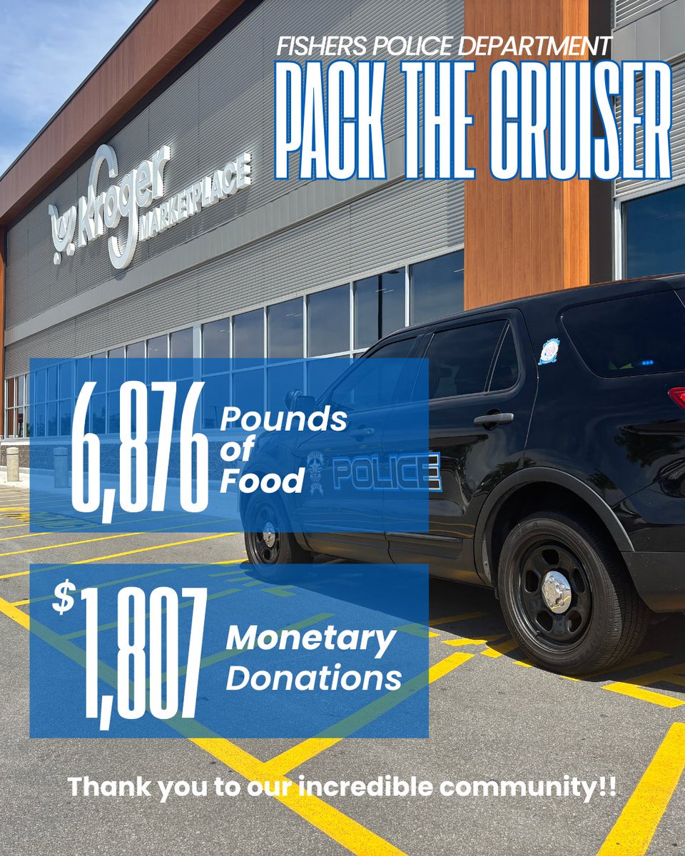 Fishers_Police's tweet photo. A huge THANK YOU to our amazing Fishers community for showing up and supporting the 10th Annual Pack the Cruiser event!

Because of your generosity, we collected 6,876 pounds of food and $1,807 for perishable goods.

Every donation will help the Fishers Youth Initiative's Summer Meal Program, ensuring local children and families have access to nutritious meals throughout the summer.

Missed the event but still want to help? There's still time to make a difference! Cash donations can be made online at: https://t.co/UgVHlwlMXB

Thank you to everyone who donated, volunteered, and helped make this event a success year after year