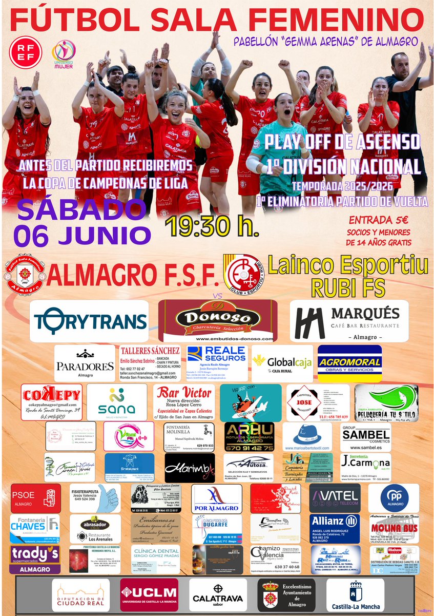 AlmagroFSFclub's tweet photo. 🎯 A POR LA FINAL 🎯

Partido de vuelta de la semifinal con un sólo OBJETIVO...la VICTORIA✌️

Sábado 6 🏡
Almagro FSF 🆚 Lainco Rubí FS 
⌚19:30 h
🏟️ Gemma Arenas 

Antes del partido nos entregarán la copa de CAMPEONAS DE LIGA🏆 

La grada será una caldera🔥

Buscando un sueño ❤️ https://t.co/0HN37R3sYb