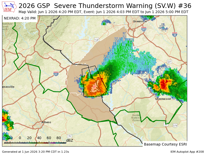 WeatherUpstate's tweet photo. GSP continues Severe Thunderstorm Warning [wind: 60 MPH (RADAR INDICATED), hail: 1.00 IN (RADAR INDICATED)] for Elbert, Hart [GA] and Anderson [SC] till 5:00 PM EDT https://t.co/hxJPTWMpJW https://t.co/L8yQK5VB16