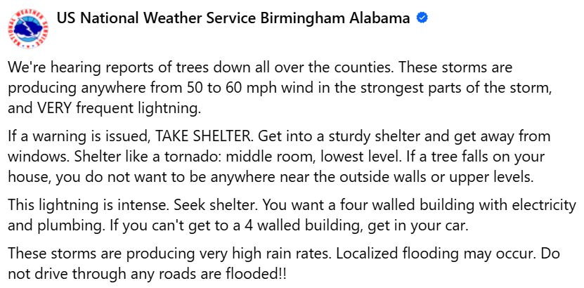 NWSBirmingham's tweet photo. With these wet soils, we're getting numerous reports of trees down! Seek safety if in the warning! https://t.co/hZlLk702mp