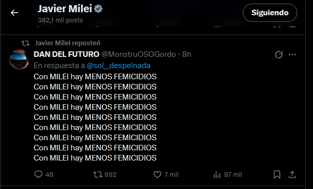 mdzol's tweet photo. "Con Milei hay menos femicidios": el tuit que compartió el Presidente tras los asesinatos de Agostina Vega, Dulce Candia y Noelia Rivero.