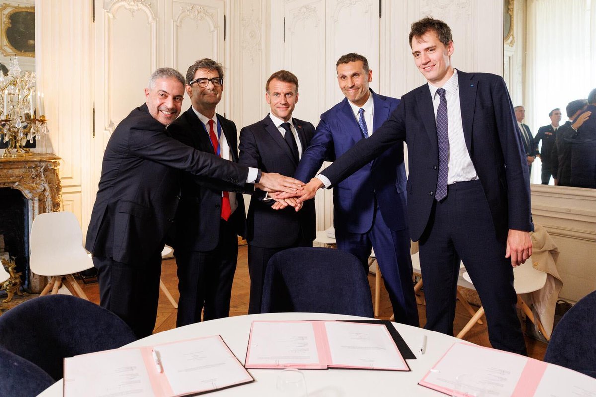 mgx_ai's tweet photo. At Choose France, MGX, @Bpifrance and @MistralAI   announced the planned expansion of Campus AI across France, with a goal of developing up to 3 GW of AI factory capacity nationwide.The signing was witnessed by President Emmanuel Macron and His Excellency Khaldoon Al Mubarak, Chairman of the Executive Affairs Authority and Secretary General of the Artificial Intelligence and Advanced Technology Council, marking an important step in strengthening France’s AI infrastructure and supporting the growth of a competitive European AI ecosystem.