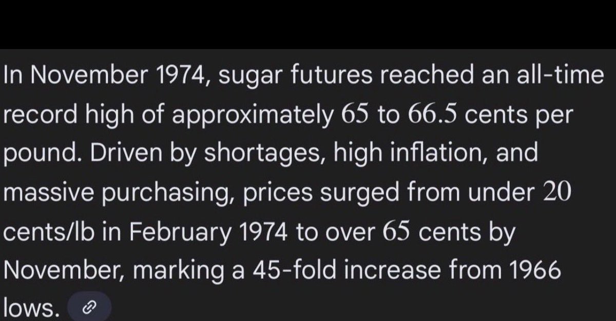 Alaskasizelove's tweet photo. @CNBCClosingBell @CNBCOvertime @MelissaLeeCNBC @GuyAdami 
We should all be grateful that #sugar isn’t 66.5 cts/lb and is currently still down something like 80% since 1974. I find it amazing how money has mentioned this even once in the past 50 years.  Apparently nobody covers sugar futures whatsoever