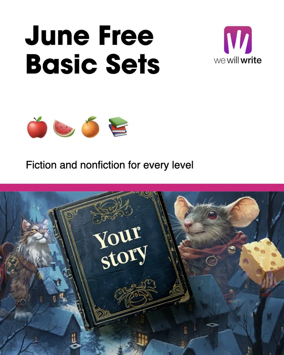 wewillwrite_com's tweet photo. ✨ June’s free Basic sets are here.

A little gift for your June lesson plans: ready-to-go writing challenges for every grade level.

🍎 Hobby + Fantasy
🍉 News + Blocky Tale
🍊 AI + Movie
📚 History + Romance

🔗 https://t.co/M1NkRXhKLZ https://t.co/bUDWHbld73