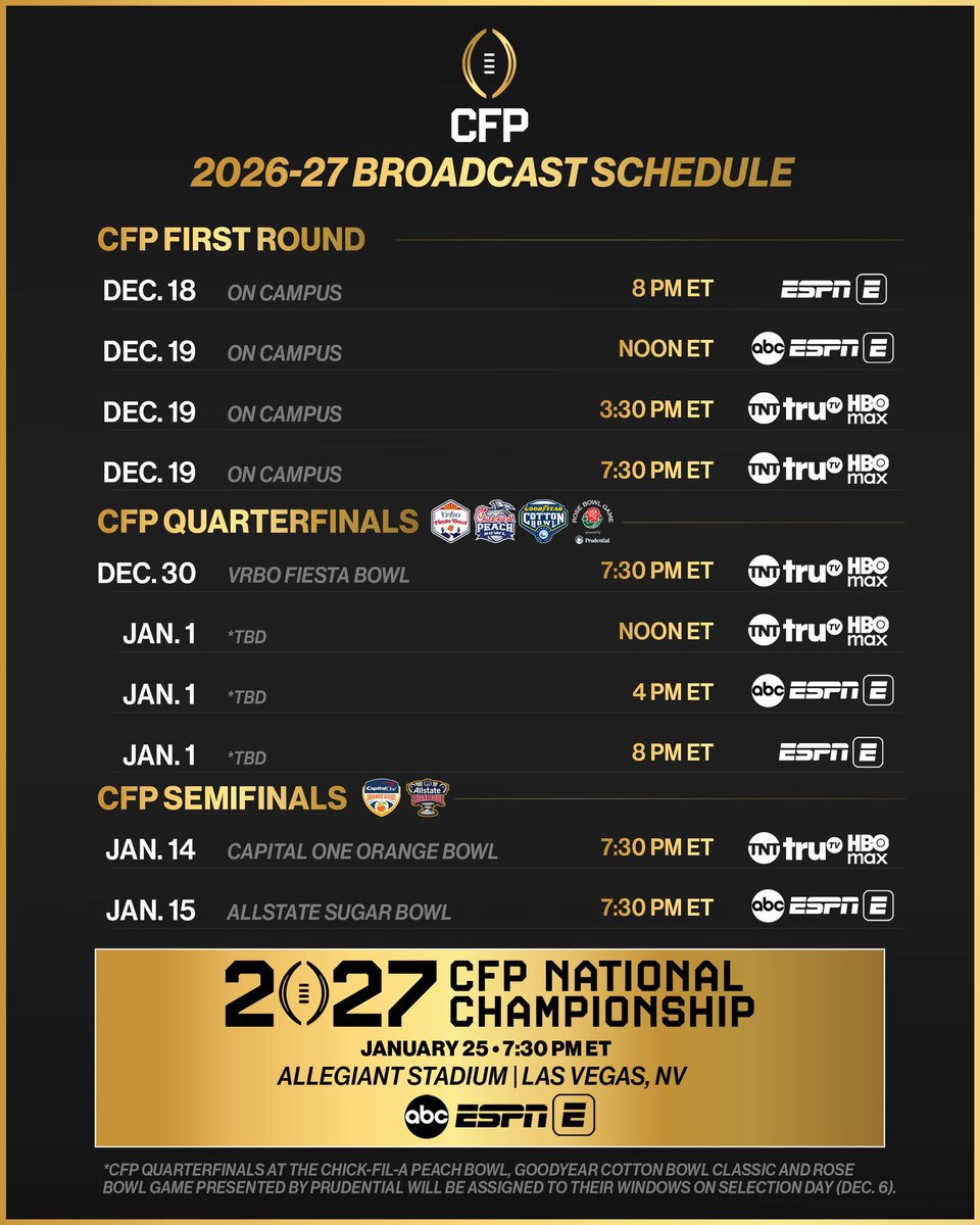AAW_CFB's tweet photo. The #CFBPlayoff schedule for the 26/27 season is official, and we’re going to give you the matchups in UK times.

A thread 🧵 https://t.co/YiX8k9rfsx