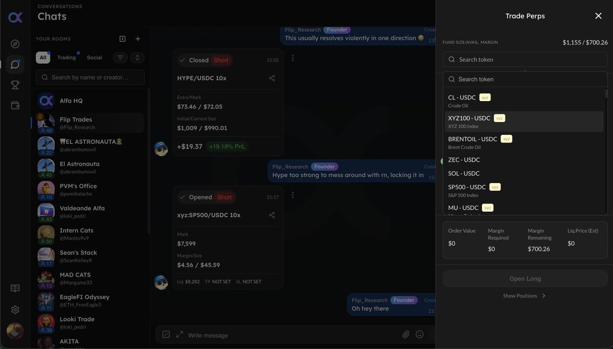 AlfaClubdotapp's tweet photo. **Tradfi Perps are Live!**

You can now trade HIP-3 markets directly in your room, including perps on popular tradfi assets.

This adds to our existing Hyperliquid, Polymarket and spot trading integrations- discover alpha whatever the market.

See you in the Club! https://t.co/PUaXRwDUST