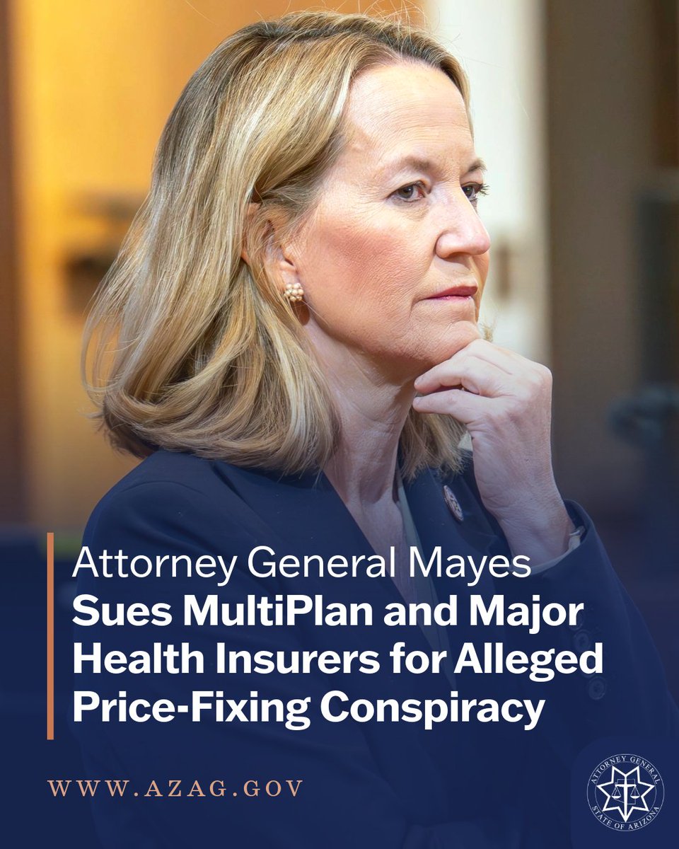 AZAGMayes's tweet photo. MultiPlan and major insurance companies across Arizona allegedly conspired to keep payments to providers low in a scheme to pad their profit margins.

Full press release here: https://t.co/sy0dfFrNWd https://t.co/PGjLp5be84