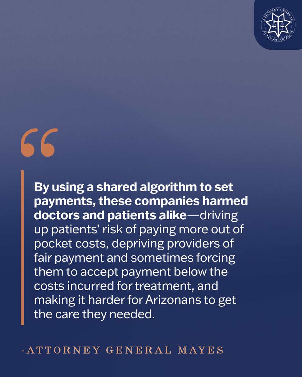 AZAGMayes's tweet photo. MultiPlan and major insurance companies across Arizona allegedly conspired to keep payments to providers low in a scheme to pad their profit margins.

Full press release here: https://t.co/sy0dfFrNWd https://t.co/PGjLp5be84