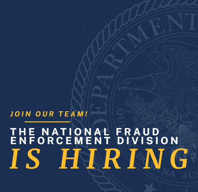 DOJFraudDiv's tweet photo. 🚨 We're hiring! The National Fraud Enforcement Division is on the front lines of protecting taxpayer dollars, safeguarding government programs, and bringing fraudsters to justice.

Ready to make an impact? Explore our current openings below ⬇️ https://t.co/NJ5nVSrnR9