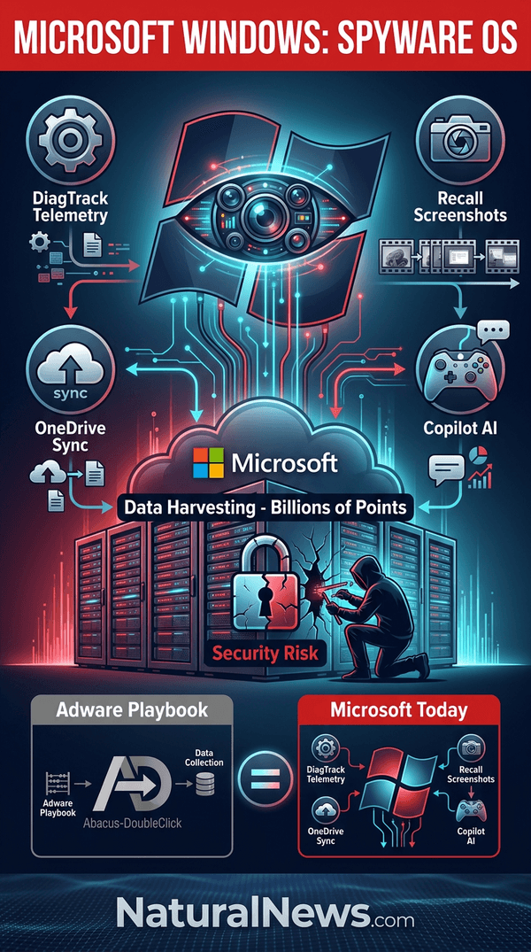 HealthRanger's tweet photo. Windows is SPYWARE! And Nvidia is going to add an AI surveillance hardware capability to the Windows spyware system. Full infographic (share everywhere) https://t.co/jSPuLqT9Wv