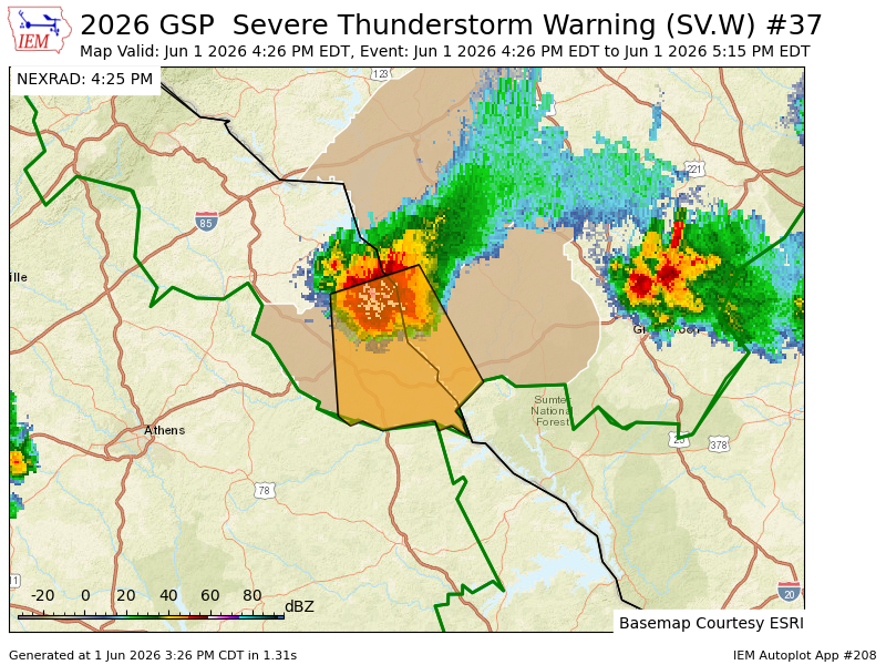 WeatherUpstate's tweet photo. GSP issues Severe Thunderstorm Warning [wind: 60 MPH (RADAR INDICATED), hail: 1.00 IN (RADAR INDICATED)] for Elbert [GA] and Abbeville, Anderson [SC] till 5:15 PM EDT https://t.co/ywLJEO63wv https://t.co/s60aUHkOXd