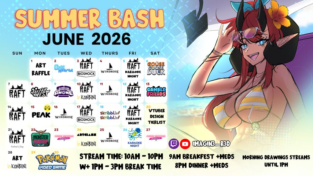 Imagin3_R3D's tweet photo. โ๏ธ๐ฆSUMMER BASH MARATHON๐ฆโ๏ธ
RAISING MONEY FOR MY LIVE2D DEBUT
๐
JUNE 1 - 30th
๐ฅ๏ธ Starting 10 AM- 10 PM
Come join us on the ROAD TO 1K!
๐ RTs appreciated!
More info ๐
#twitch | #envtuber | #SummerBash https://t.co/bofBKa8sGu