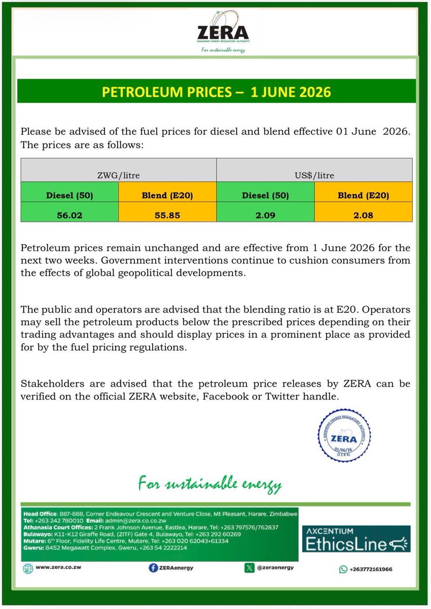 zeraenergy's tweet photo. ZERA Notice: Fuel Prices effective 1 June 2026

@official_MOEPD
@mazeti1
@InfoMinZW
@HeraldZimbabwe
@newswireZW
@ZBCNewsonline
@BusinessTimesZW
@ChronicleZim
@ManicaPostZim
@DailyNewsZim
@powerfmzimbabwe
@capitalkfm
@ZiFMStereo
@Bulawayo24News
@263Chat
@3KtvZim
@ZTNPrime https://t.co/G8unCGnF4U