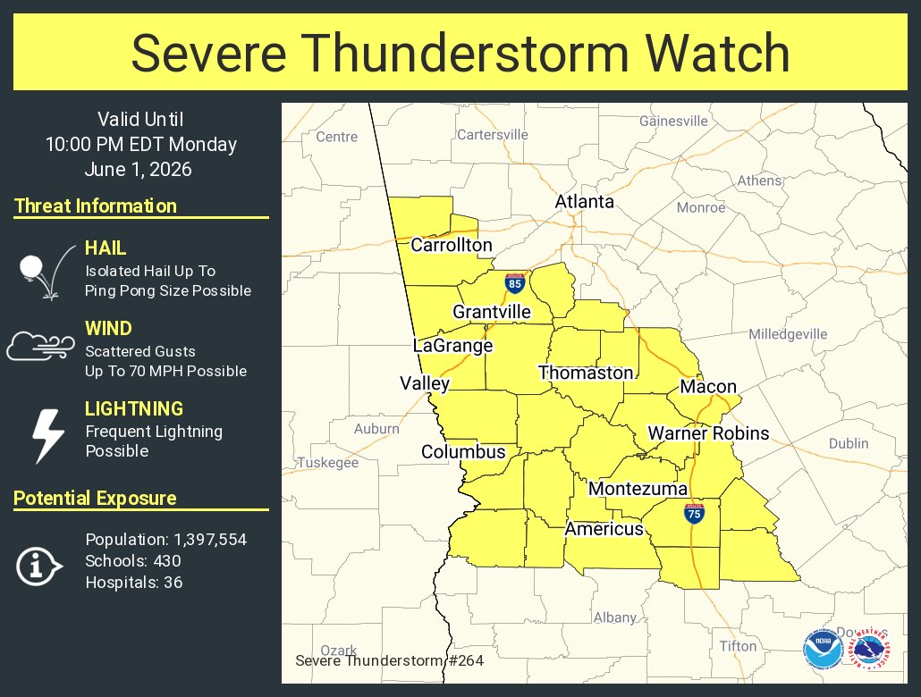 A severe thunderstorm watch has been issued for parts of Georgia until ...