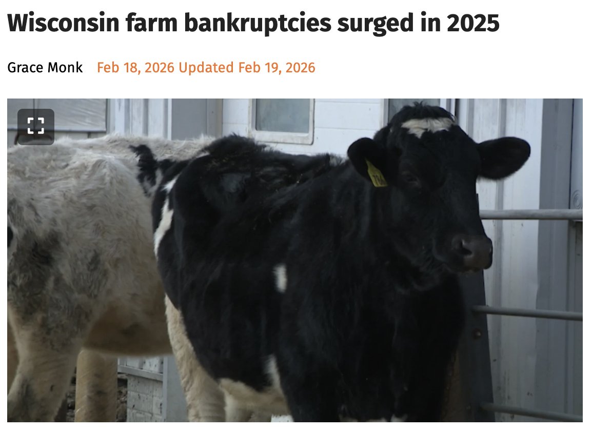DanRShafer's tweet photo. "Farm bankruptcies in Wisconsin increased by 700% in 2025." https://t.co/fXdnXnSl4C