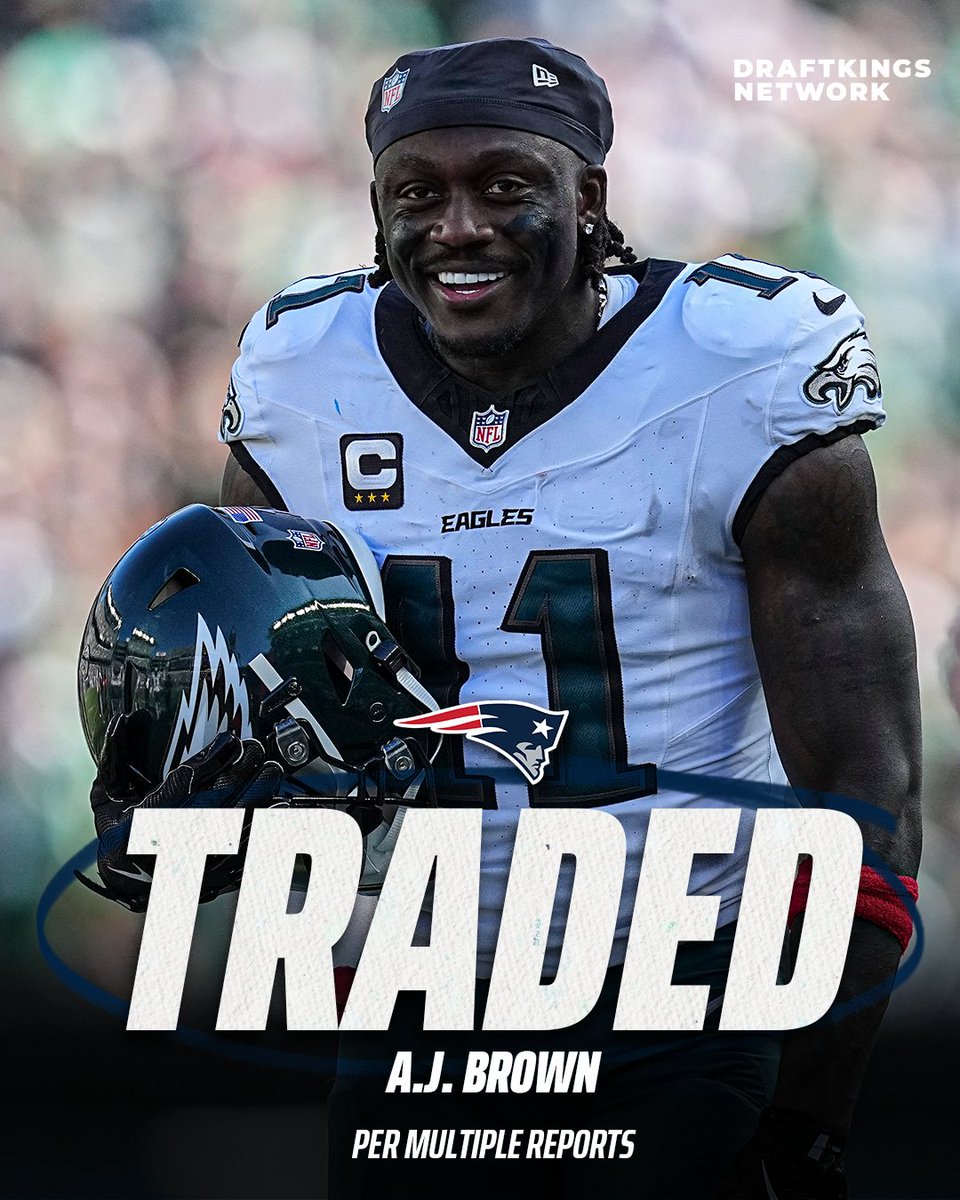 DKNetwork's tweet photo. The Patriots have their new WR1‼️

Patriots receive: A.J. Brown
Eagles receive: 2027 5th-round pick, 2028 1st-round pick (via @AdamSchefter)

How would you grade this deal for both teams? https://t.co/PPHAbJIh9f