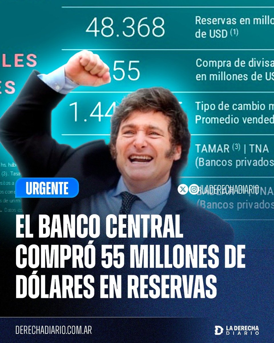 laderechadiario's tweet photo. 🚨🇦🇷 | NO PARAN: El Banco Central continuó con su racha compradora y adquirió 55 millones de dólares para sus reservas, alcanzando así su 98.ª jornada consecutiva sumando divisas y acumulando 9.756 millones en lo que va del año, superando el 97,5% de la meta anual de compra. https://t.co/ueN80iHAlr