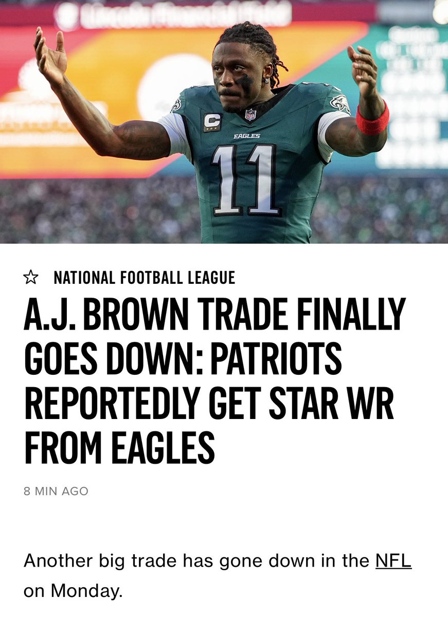 RodriguezMaison's tweet photo. Aj Brown to the Patriots what are his numbers gonna be there

Eagles receive 1st round 2028

5th round 2027
#Ajbrowntrade #Ajbrown #Eagles #trade #NFL https://t.co/2efuzeerm6