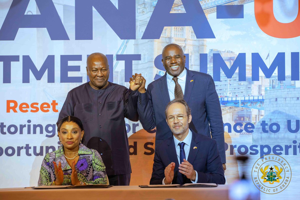 JDMahama's tweet photo. I am pleased to announce that today in London, we signed a landmark UK-Ghana Growth Partnership during the Ghana-UK Investment Summit, as a roadmap for 2026–2028. It aims to deliver tangible benefits for Ghanaians and businesses operating in our country.

Deals worth up to £215 million stand at the centre of our collaboration with the UK. By prioritising private-sector growth, infrastructure, and skills development for our youth, we aim to ensure they can compete globally.

A groundbreaking £101 million UK-backed initiative, part of the partnership, will create the Gulf of Guinea's very first commercial-scale ship repair and dry-docking facility. Set to generate up to 430 direct jobs, including 30% reserved for women, the Takoradi Floating Dock Project will propel Ghana to the forefront of regional maritime hubs.

The Partnership is unlocking millions in climate-aligned infrastructure, propelling an £85 million reforestation fund and an exciting £9 million investment dedicated to forest restoration in the Oti Region. These transformative projects will generate local jobs and safeguard our environment.

Even more exciting, a £6 million partnership will support the implementation of the Ghana AI Strategy and energise science and technology collaboration across our universities.

In the health sector, our systems will be transformed by a £4 million partnership for specialist clinical engineering training. New Transnational Education guidelines will also be launched to open up outstanding opportunities for Ghanaian students to access world-class training.

#ResettingGhana