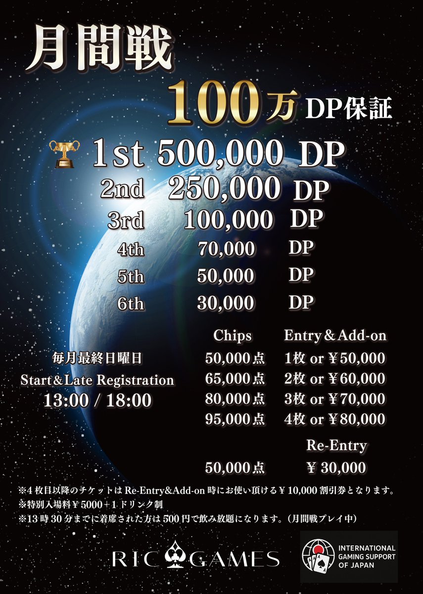 RICGAMES_'s tweet photo. ✨✨ 6月イベントカレンダー ✨✨

■ リングゲーム
【1部】レート：1-2 
100chip（50BB）3,000円
200chip（100BB）4,000円
400chip（200BB）7,000円
・預け入れチップ引き出し：3,000円
（200〜400chipまで）
・早割特典（月〜土）
18時30分までに着席で400chip（200BB）3,000円になります。

【2部】AM 1:00 ~ AM 5:00  レート：1-2
100chip（50BB）3,000円
200chip（100BB）4,000円
400chip（200BB）7,000円

【3部】AM 6:00 ~ AM 11:00  レート：1-2 
100chip（50BB）2,000円
200chip（100BB）3,000円
400chip（200BB）5,000円

■ 🔰初心者講習｜毎日開催
1部：4,000円
（約40分の初心者講習＋リング400chip（200BB）プレゼント）
2部：4,000円
（約40分の初心者講習）
役の強さとゲーム進行についてポーカー初めての方にも分かりやすく丁寧に説明いたします。
約40分の講習でポーカーできるようになります。

■ 👑月間戦トーナメント｜6/28（日）
毎月最終日曜日に開催される
RIC GAMES MAIN EVENT✨

🕐 Start 13:00 / Late 18:00
💰 プライズ総額 100万DP保証
🏅 優勝：500,000 DP
🥈 2位：250,000 DP
🥉 3位：100,000 DP
4位：70,000 DP
5位：50,000 DP
6位：30,000 DP

月間戦特別入場料：5,000円＋1ドリンク制
※13:30までに着席で500円で飲み放題になります。

🎫 毎日開催《1st》《3rdトーナメント》で
月間戦チケット獲得者は EntryとAdd-on無料！

【月間戦チケット】
・50,000点：1枚 or 50,000円
・65,000点：2枚 or 60,000円
・80,000点：3枚 or 70,000円
・95,000点：4枚 or 80,000円
（※4枚でフルスタック）
Re-Entry：30,000円
Add-on：10,000円

※5枚目以降の月間戦チケットは
Re-Entry と Add-on時に使える 10,000円割引券になります。
※週間戦チケット3枚 ⇄ 月間戦チケット1枚 交換可
FTはYouTubeにてRFIDLive配信予定。
https://t.co/LS2FRi4Gxj

■ 週間戦トーナメント｜6/7・14・21（日）
🕐 Start 13:00 / Late 18:00
💰 プライズ総額 22万DP保証
🏅 優勝：100,000 DP
🥈 2位：50,000 DP
🥉 3位：30,000 DP
4位：20,000 DP
5位：10,000 DP
6位：10,000 DP

週間戦特別入場料：3,000円＋1ドリンク制
※13:30までに着席で500円で飲み放題になります。

🎫 毎日開催《1st、2ndトーナメント》で
週間戦チケット獲得者は EntryとAdd-on無料！
【週間戦チケット】
・100,000点：1枚 or 15,000円
・150,000点：2枚 or 17,500円
・200,000点：3枚 or 20,000円
（※3枚でフルスタック）

Re-Entry：5,000円
Add-on：2,500円

※4枚目以降の週間戦チケットは Re-Entryの際に Add-on無料券としてご利用できます。
※月間戦チケット1枚 ⇄ 週間戦チケット3枚 交換可
FTはYouTubeにてRFIDLive配信予定。
https://t.co/LS2FRi4Gxj

■月間戦バズーカサテライト
📆6月5日(金) & 6月19日(金)📆

プライズ 月間戦21枚 or 68,000 DP

🕠17:15  Start🕠
🕤20:30 Late🕤
Entry 4,500円
Re-Entry 3,500円

🈹18:30までのご着席で¥1,000 OFF‼️
🈹1stトーナメントご参加で¥1,000 OFF‼️
＊割引はどちらか1つの適用となります

🉐17:45までのご着席で週間戦1枚プレゼント🎁

🏆Special Prize🏆
1位  7枚 or  21,000 DP
2位  7枚 or  21,000 DP
3位  7枚 or  21,000 DP
4位  5,000 DP

💡チケット枚数とDPの組み合わせはご自由にお選びいただけます💡
＊チケット1枚=3000 DP
＊当トーナメント当日に限り

■ 🎂 Birthday Event  6月12日（金）開催
🎉 今月は《6月生まれ》の方が対象！ 
🎁 特典 🎁
①2nd Tournament Entry無料
②飲み放題無料 
誕生日月のあなたをRICが全力でお祝いします📷

■ 🥤 飲み放題
1部：3,000円 / 2部：4,000円
※ポーカープレイ中のみ

■ Mix Ring Game｜Mixスタッフ在席時開催
50BB：3,000円
100BB：4,000円

🎫 月間戦チケットなど豪華プライズあり
初心者歓迎！1テーブル限定🙂
この機会にMIXゲームを覚えよう✨
────────────
※スケジュールは変更になる場合があります

📅 6月のPokerFans詳細はこちら👇
https://t.co/wamqzSA4fN
📞 お問い合わせ：DMまたはお電話で
03-6380-3666