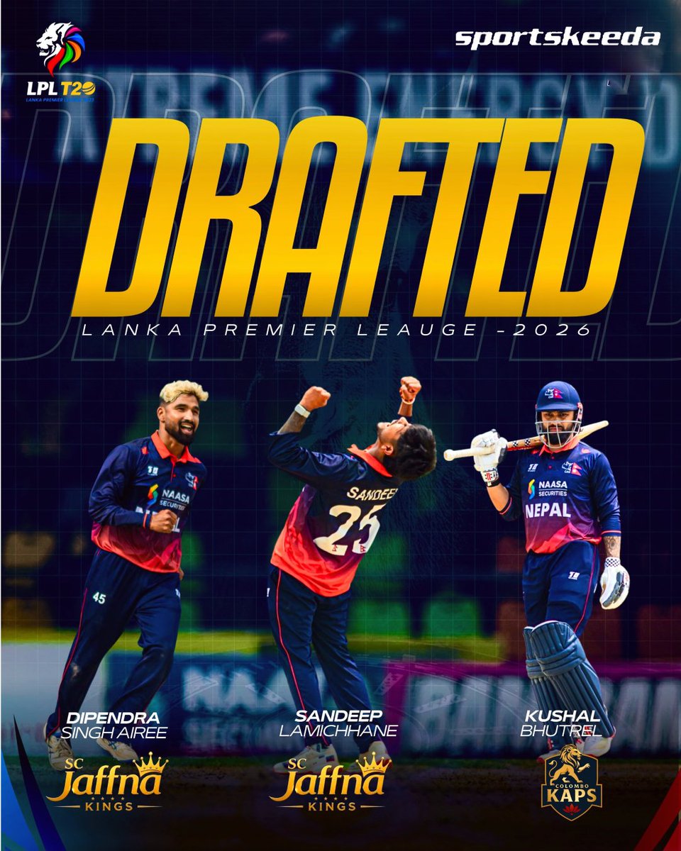 LSD_hami's tweet photo. 𝐇𝐈𝐒𝐓𝐎𝐑𝐈𝐂! 🇳🇵 𝟑 𝐍𝐞𝐩𝐚𝐥 𝐬𝐭𝐚𝐫𝐬 𝐥𝐨𝐜𝐤𝐞𝐝 𝐢𝐧 𝐟𝐨𝐫 #LPL2026!
• @Sandeep25  &amp; @DSAiree45 sign with Jaffna Kings! 
• @kushalbhurtel14  bags his maiden overseas league stint with Colombo Caps!
📅 July 17 - Aug 8 | Sri Lanka 🇱🇰
Pure pride for the Rhinos! 🙌 https://t.co/eLOyHjqzjw