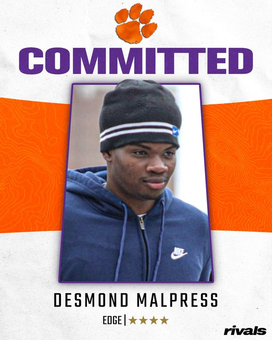 PaulStrelowTI's tweet photo. 🚨 Breaking: #Clemson has landed a commitment from 4🌟DE Desmond Malpress. 

Chris Rumph needed a big OV weekend and got it, landing a dynamic edge rusher w/ length. 

The Tigers stay hot.

🔥https://t.co/TAKdu39MM4 https://t.co/OSYGuPHE1P